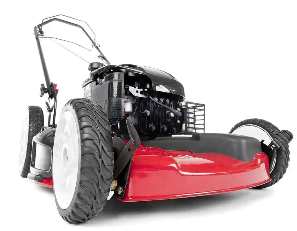 Red lawn mower on white background