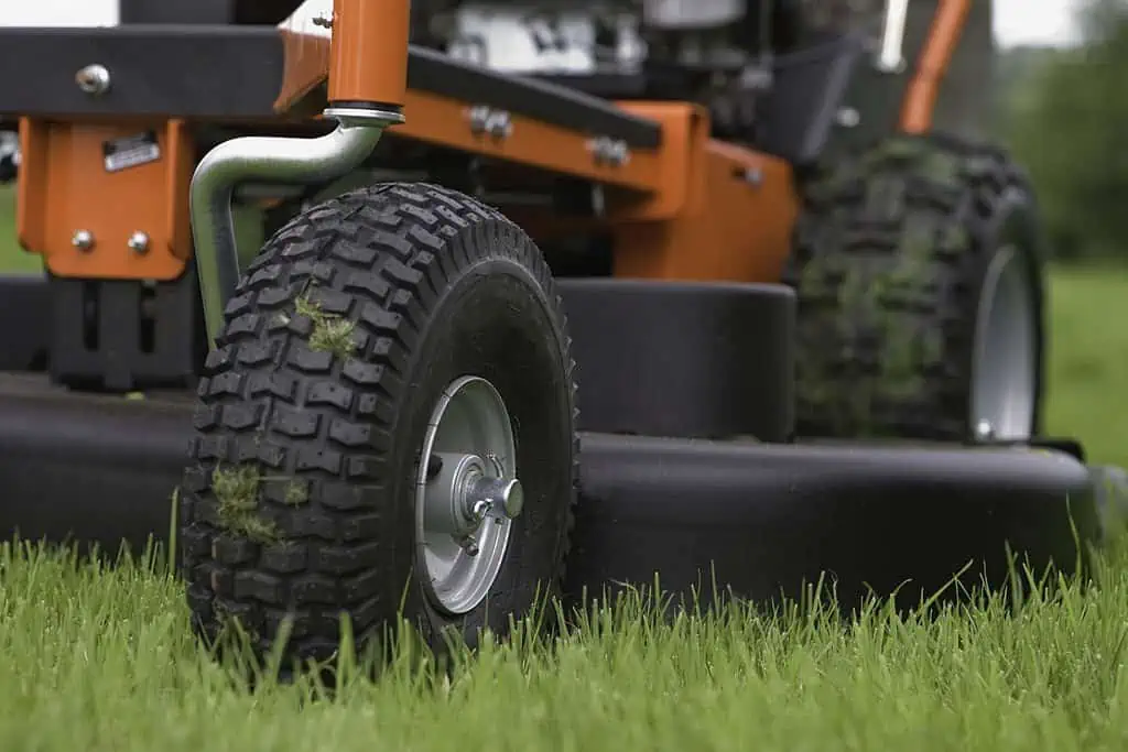 close-up of the tires of a mower